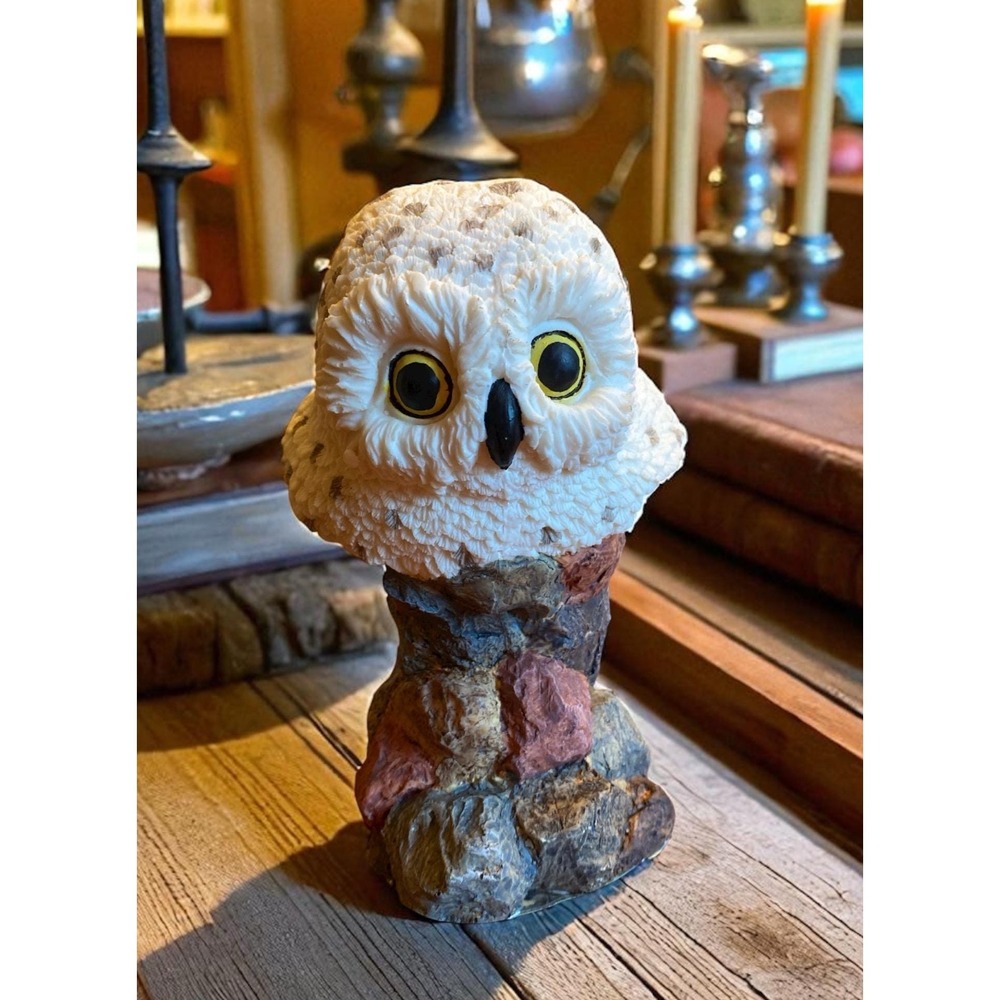 Snowy Owl Bust Figurine on Rock Base White Owl Statue Nature Decor 7.5 Inch